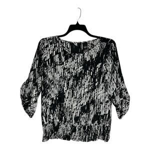 New Directions Lg Blouse Black White 3/4 Sleeve Scoop Neck Elastic Hem Career